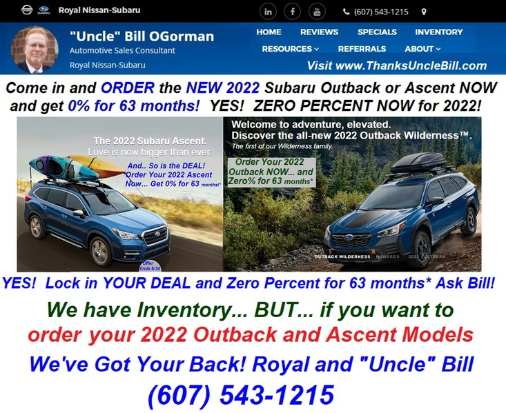 We have Inventory!  You can Order a 2022 Subaru Ascent / Outback and get Zero Percent for 63 Month!*