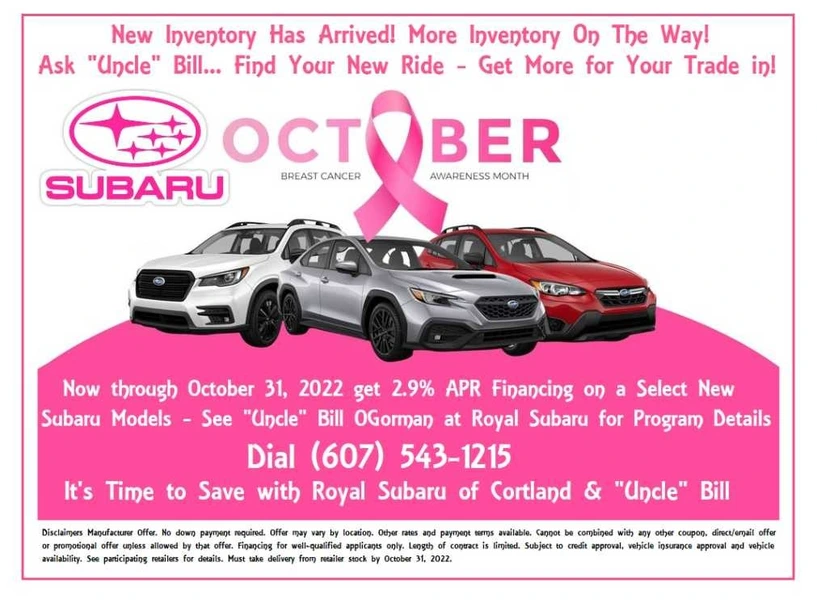 LOW RATES ARE BACK - FOR A LIMITED TIME!  SAVE with "Uncle" Bill and Royal Subaru of Cortland.