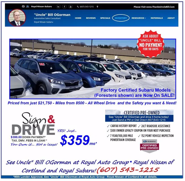 Subaru FACTORY CERTIFIED Vehicles ON SALE at Royal Subaru with "Uncle" Bill OGorman!