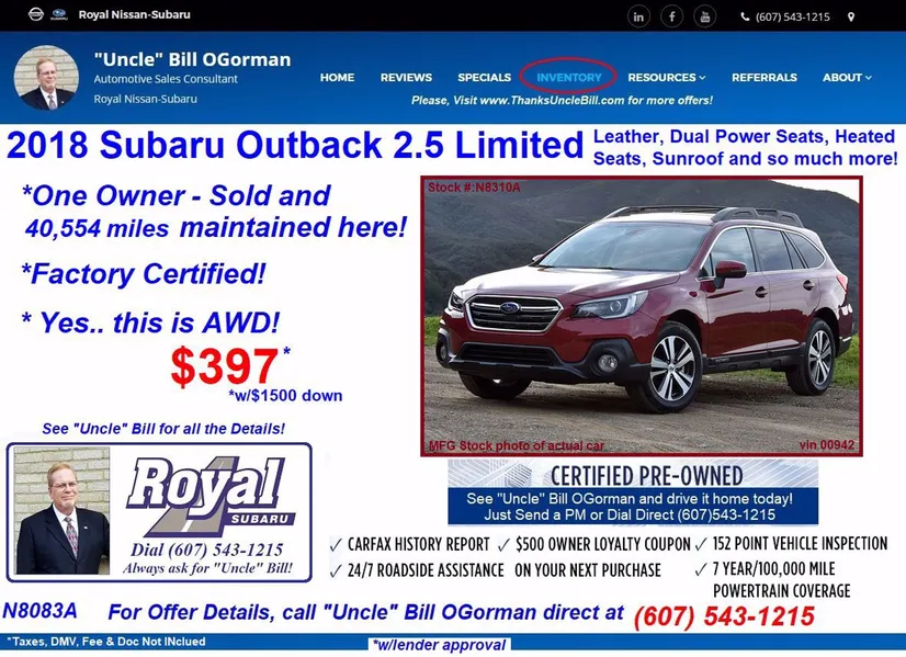 Local, One Owner Subaru Outback Limited! Royal Save with Royal Subaru & "Uncle" Bill OGorman!