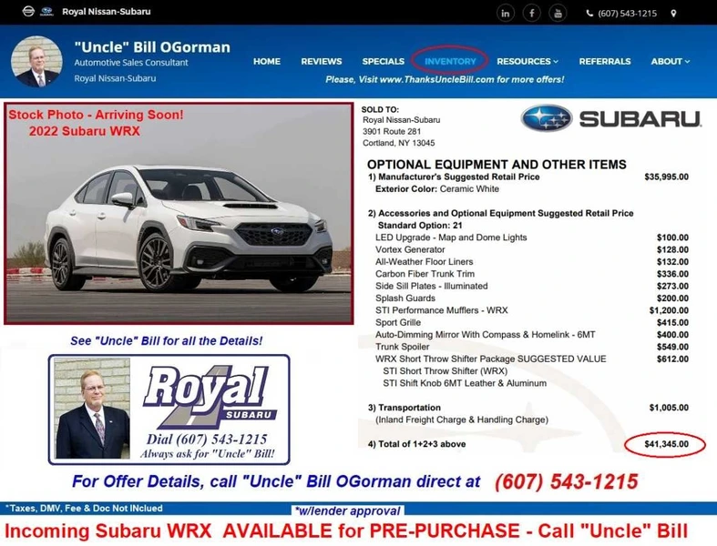 Available for Purchase / Lease!  New 2022 Subaru WRX - Call "Uncle" Bill (607) 543-1215