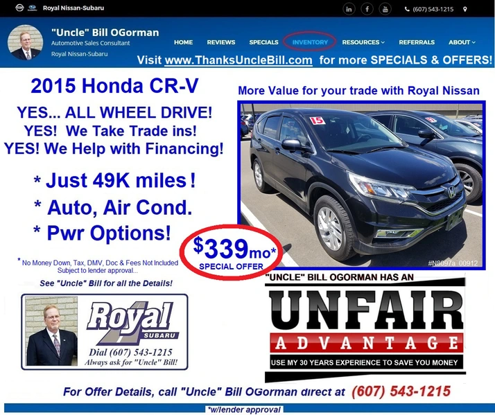 Honda CRV for ONLY $339 per month* with Royal Nissan Subaru and "Uncle" Bill OGorman