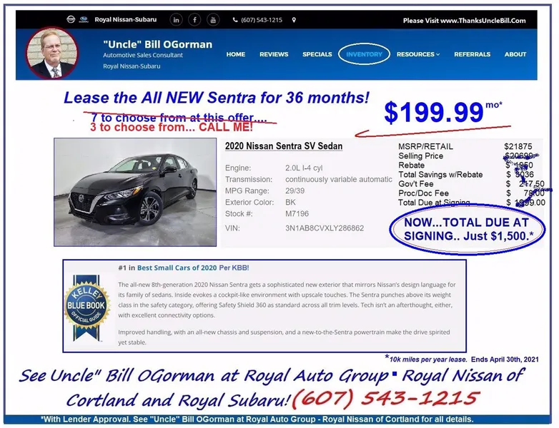 Is the $199.99 Sentra Lease Ending?  I think it is.. BUT we Still have a few!  "Uncle" Bill and Royal Nissan of Cortland