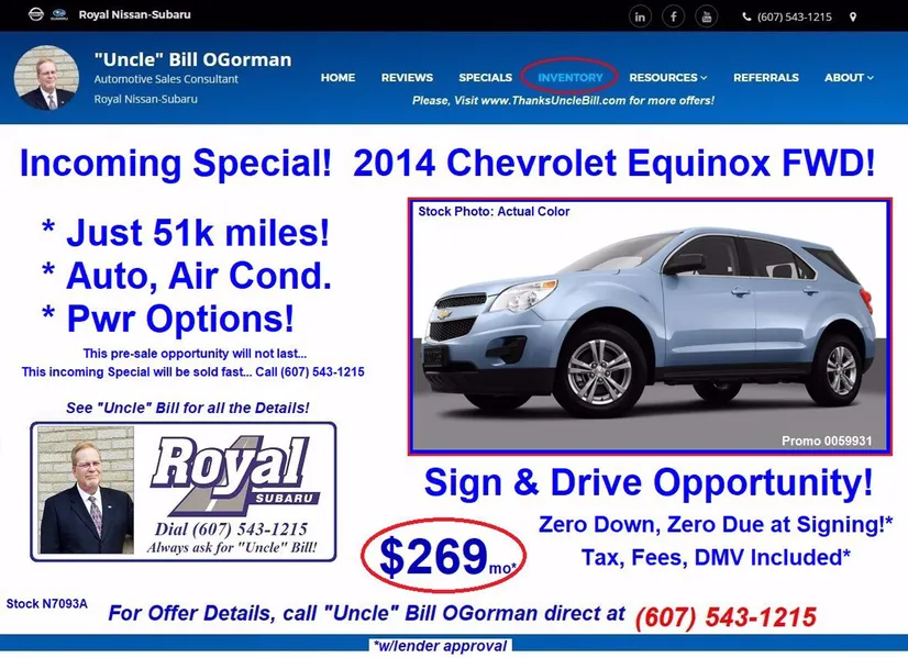 Royal Nissan - Subaru Cortland - Incoming Sale Opportunity with "Uncle" Bill OGorman